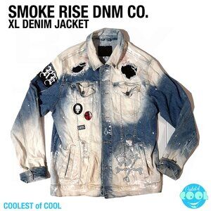 Smoke Rise DNM Co Men’s Denim Jacket XL Stone Wash Distressed Patches Slim Fit